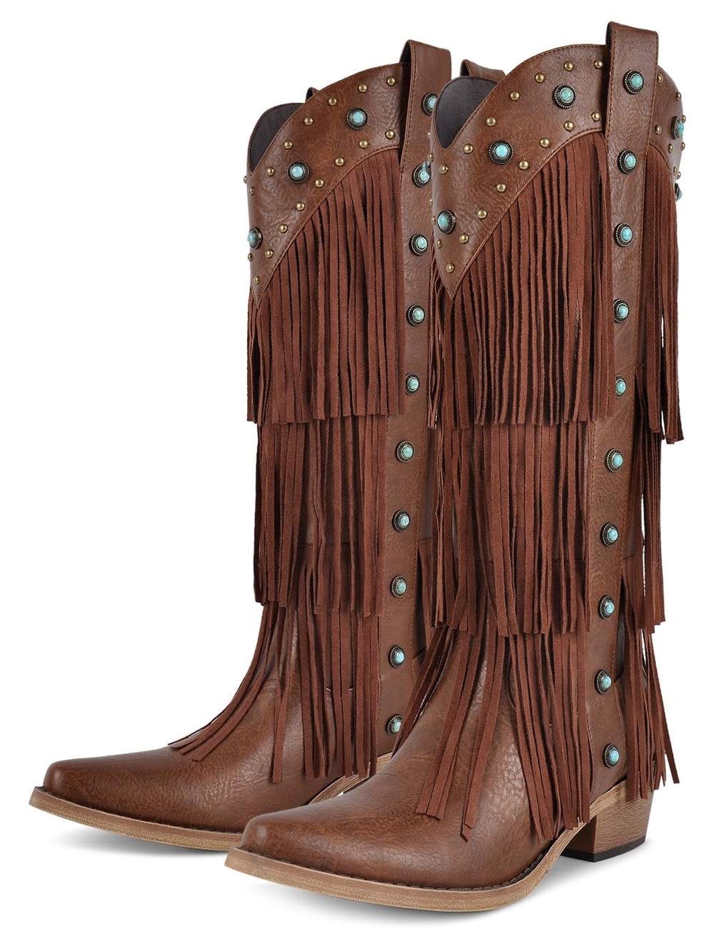 Women's Brown Fringe Western Knee-High Boots with Turquoise Studs